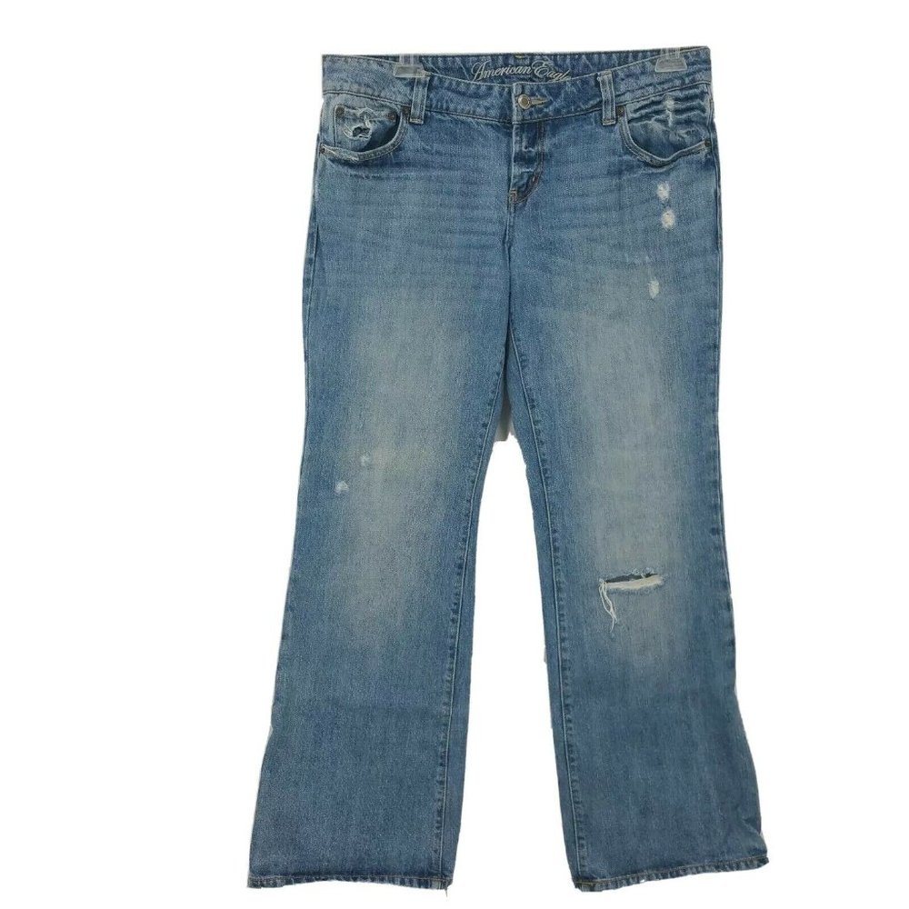 American Eagle Womens Favorite Boyfriend Jeans Distressed Size 14 Light Wash